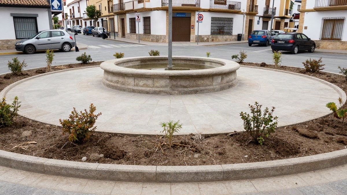 Imagen ilustrativa: glorieta urbana con una fuente sin agua, tierra removida y arbustos jóvenes bajo luz de día nublado