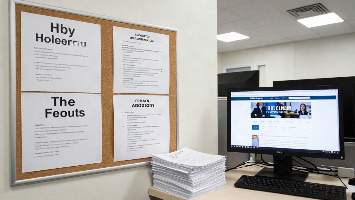 Imagen ilustrativa: una oficina de empleo con tablón de anuncios y ordenador mostrando ofertas de trabajo.