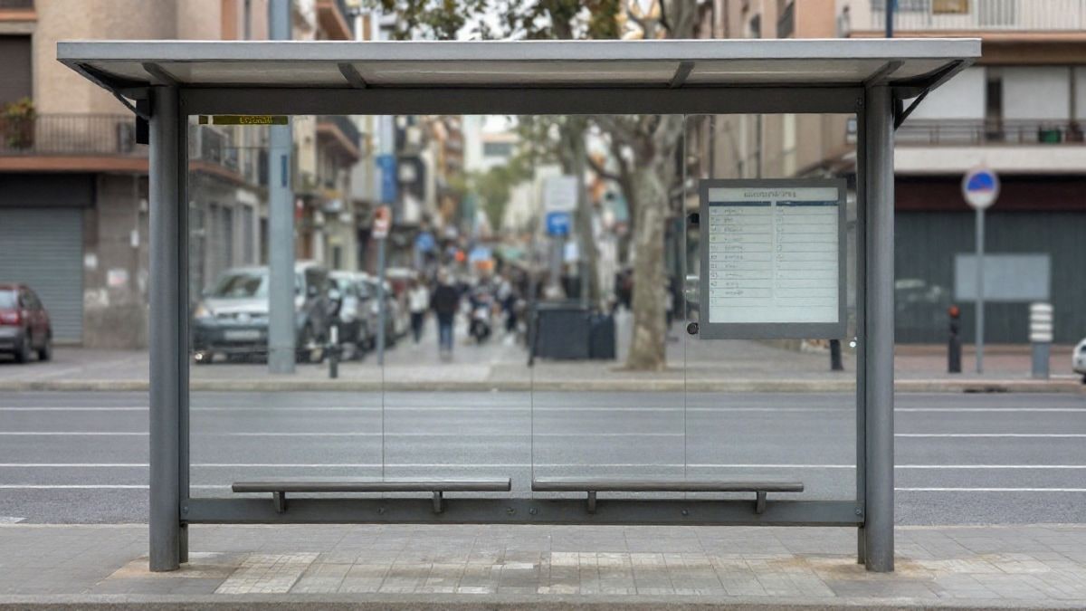 Imagen ilustrativa: marquesina de autobús urbano en una calle residencial española