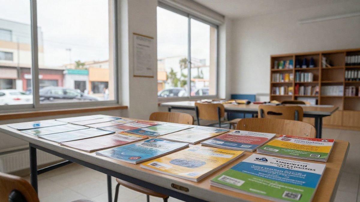 Illustrative image: interior of a youth centre with brochures and activity posters on a table, without people.