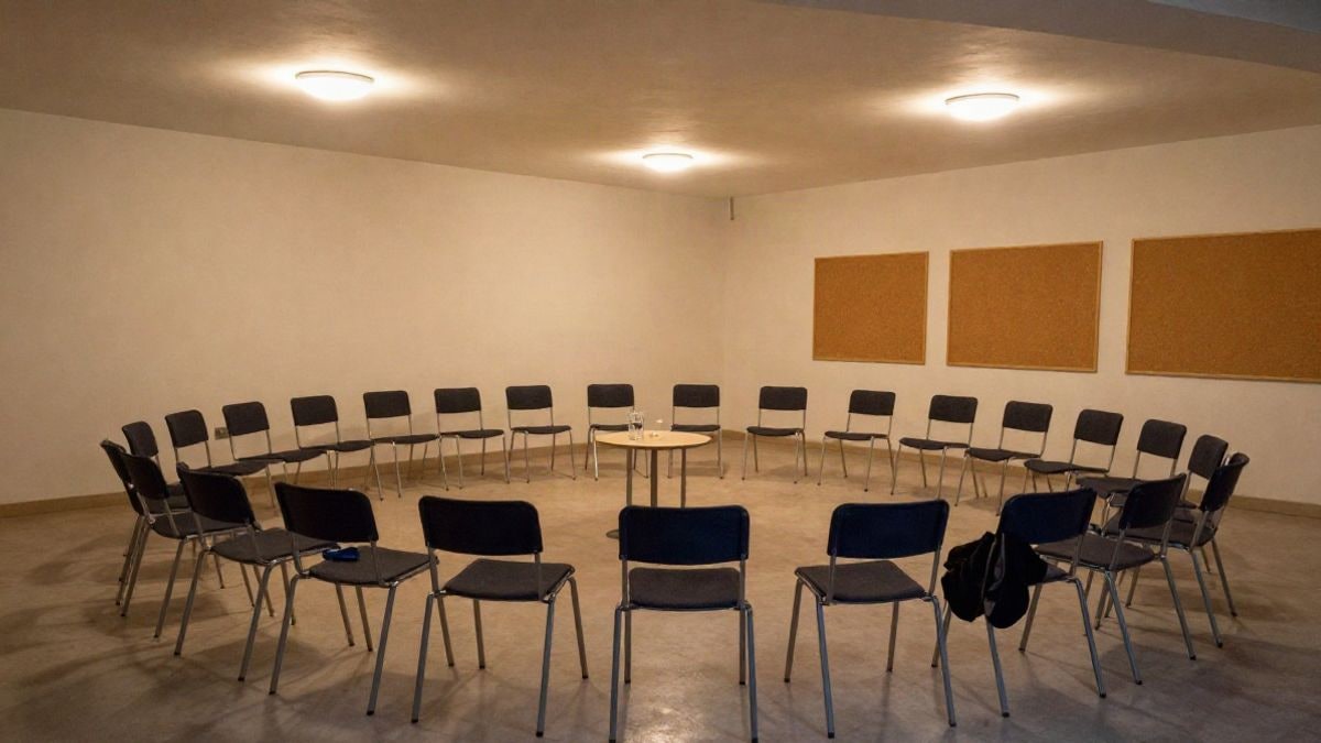 Illustrative image: room in a youth centre with chairs arranged in a semicircle under artificial light