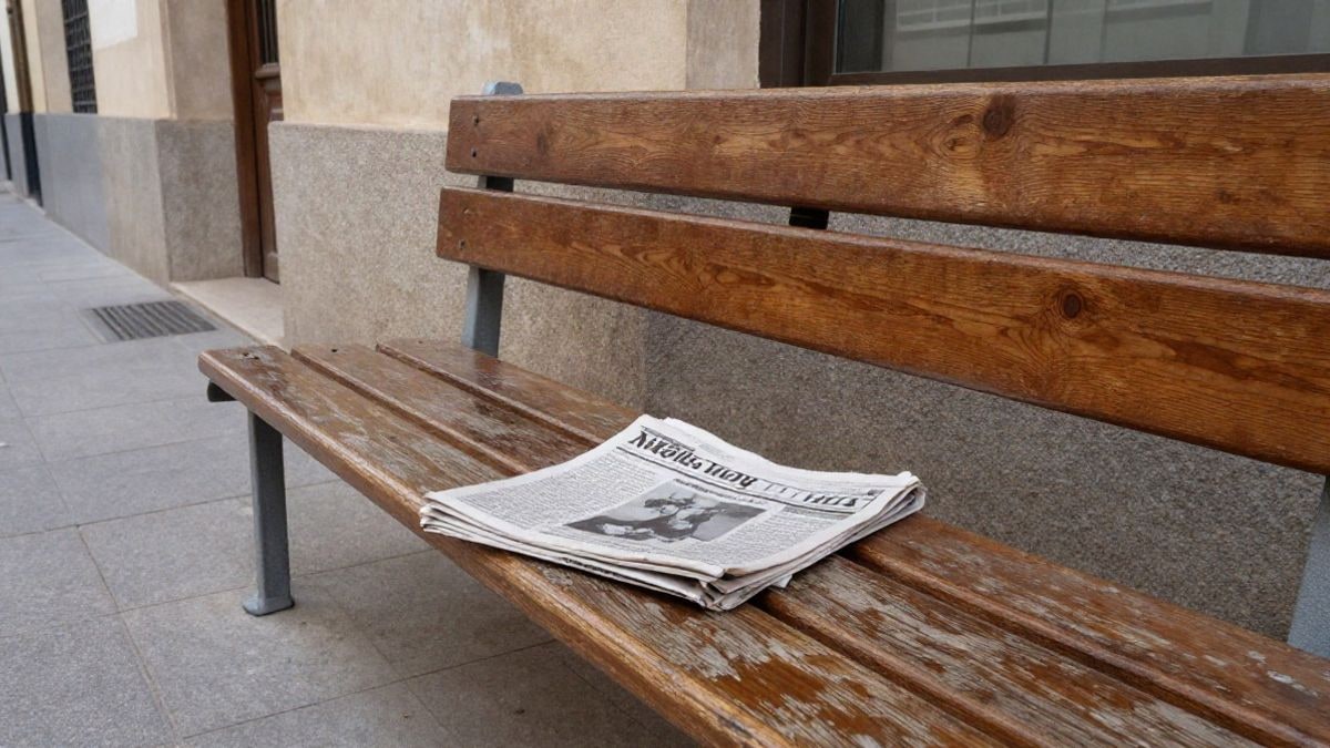 Imagen ilustrativa: detalle de un banco de madera en el pasillo de un centro comunitario con un periódico local doblado sobre el asiento