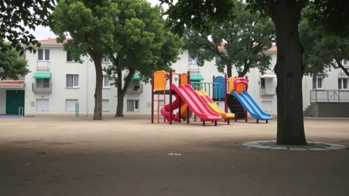 Imagen ilustrativa: patio de un colegio con columpios y zona de juegos, vacío y en un día nublado.