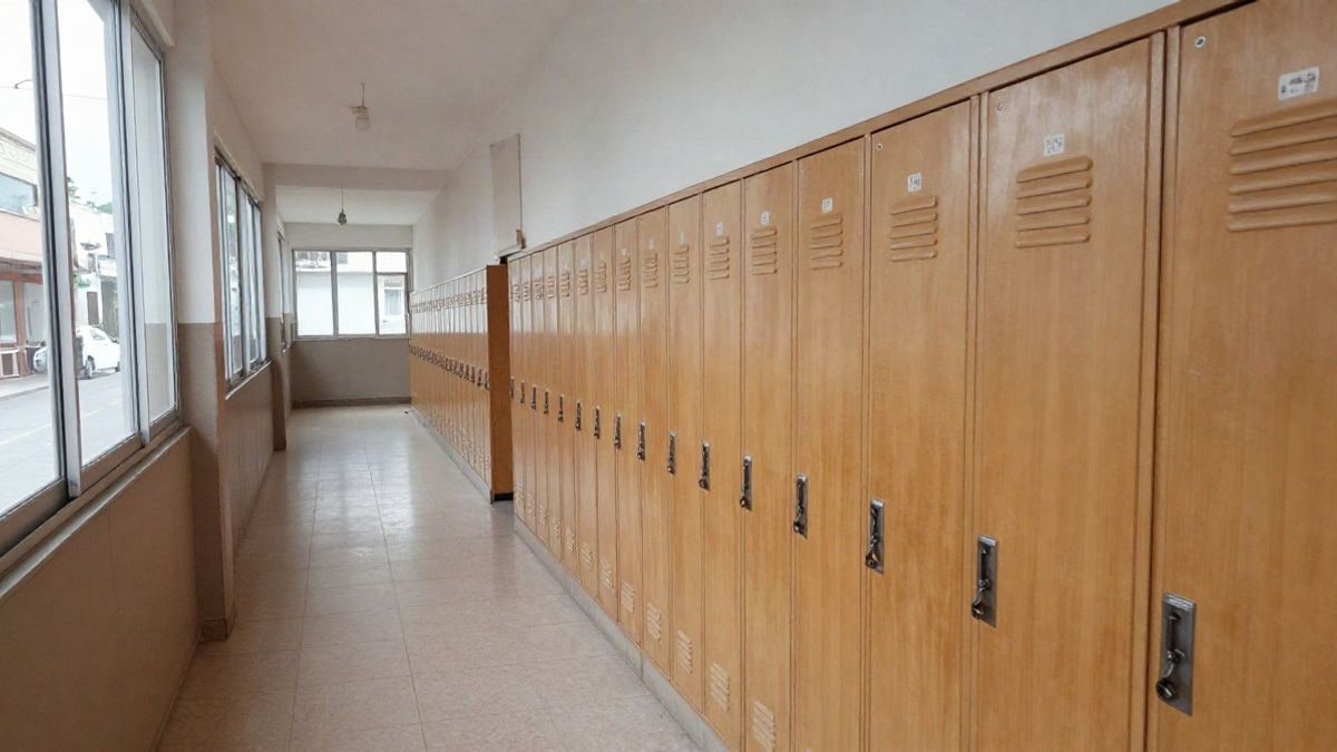 Imagen ilustrativa: pasillo de un colegio español con taquillas y puertas de aulas, luz natural.