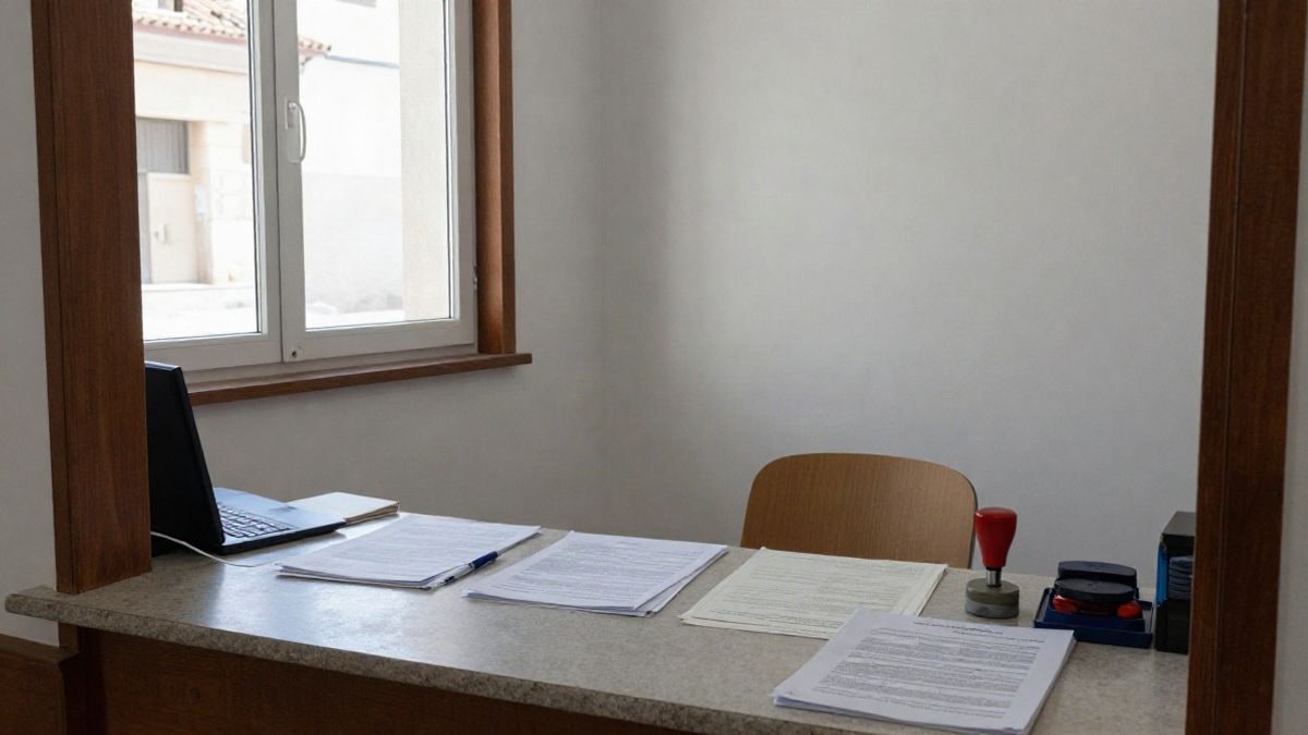 Illustrative image: municipal registry counter with documents and an official stamp.