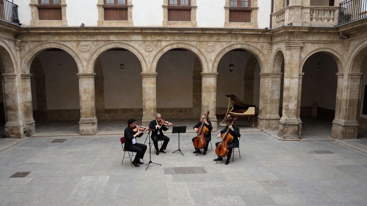 Imagen ilustrativa: un patio de un palacio histórico con un grupo de músicos tocando instrumentos barrocos en la distancia.