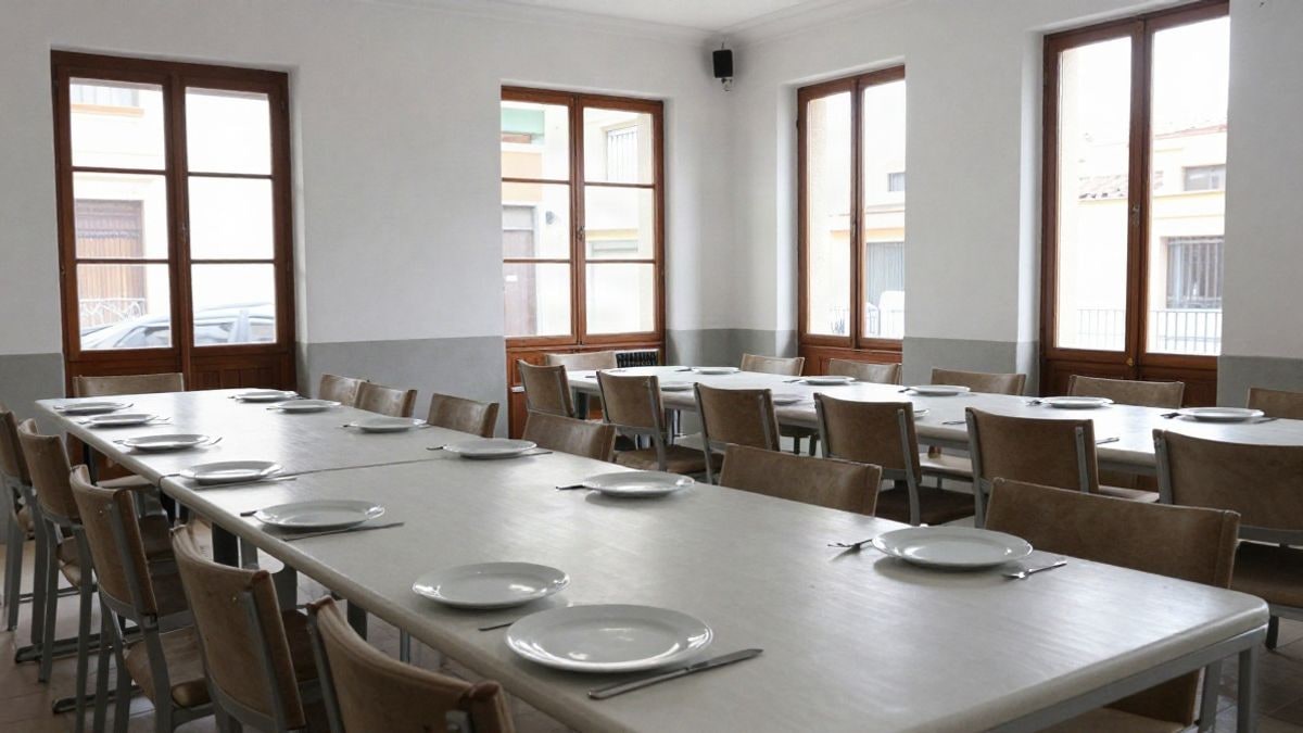 Imagen ilustrativa: un comedor municipal vacío con mesas largas y sillas, iluminado por luz natural.