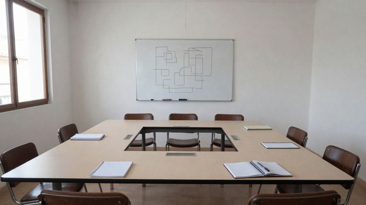 Imagen ilustrativa: sala de formación con mesas y sillas, pizarra con esquema de negocio, luz natural.