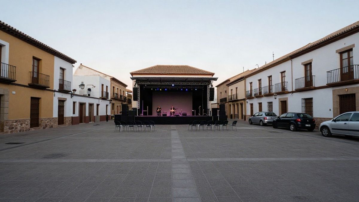 Illustrative image: square of a Spanish town with a stage set up for an outdoor concert