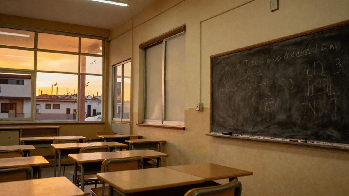 Illustrative image: empty classroom lit by artificial light at sunset, with desks and blackboard.