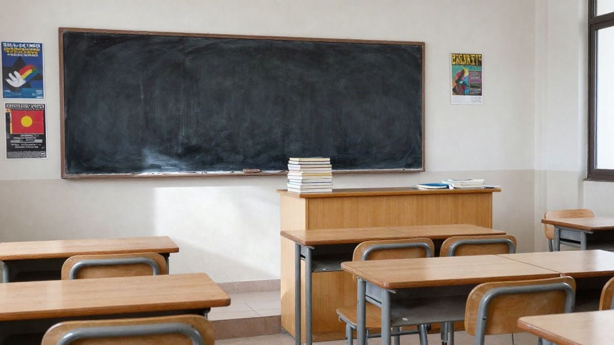 Imagen ilustrativa: un aula vacía con pupitres, pizarra y libros sobre la mesa del profesor