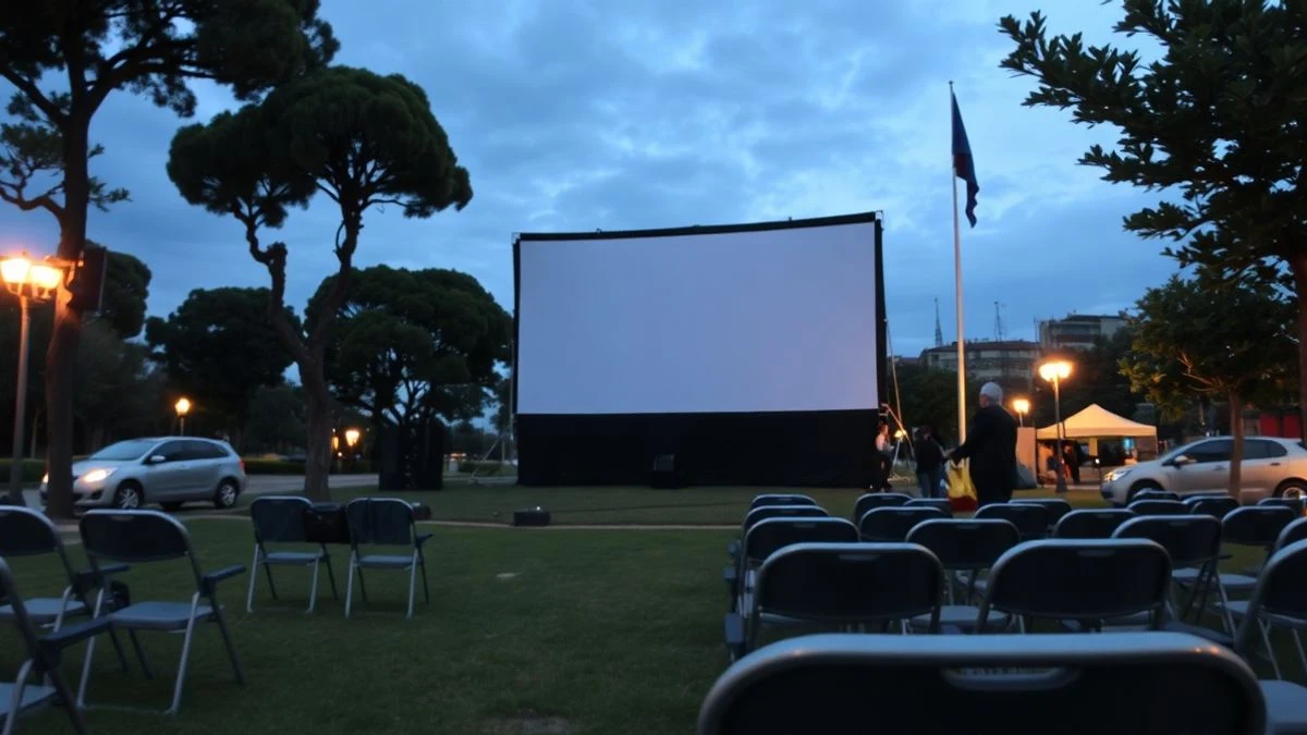 Imagen ilustrativa: pantalla de cine al aire libre en un parque con sillas vacías, en un atardecer