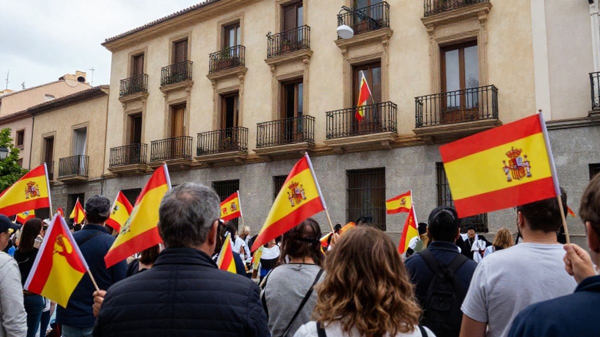 Imagen ilustrativa: multitud de espaldas en una plaza española con banderas pequeñas
