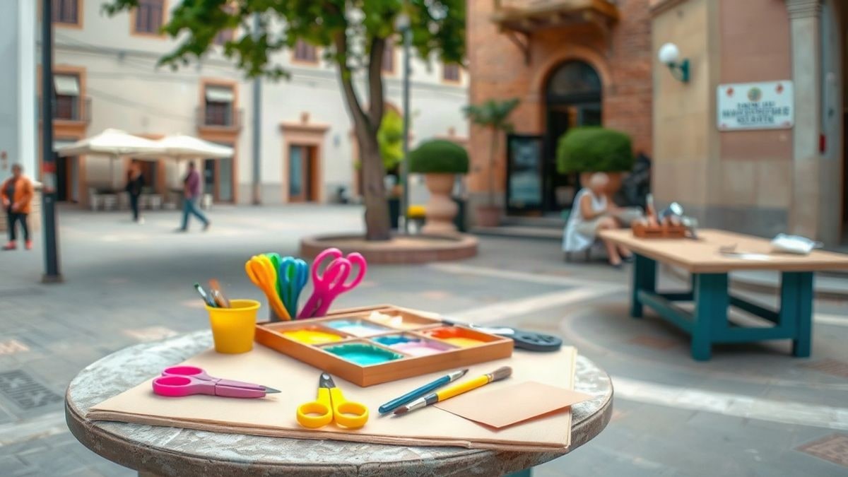 Imagen ilustrativa: mesa con materiales de manualidades al aire libre en un pueblo español