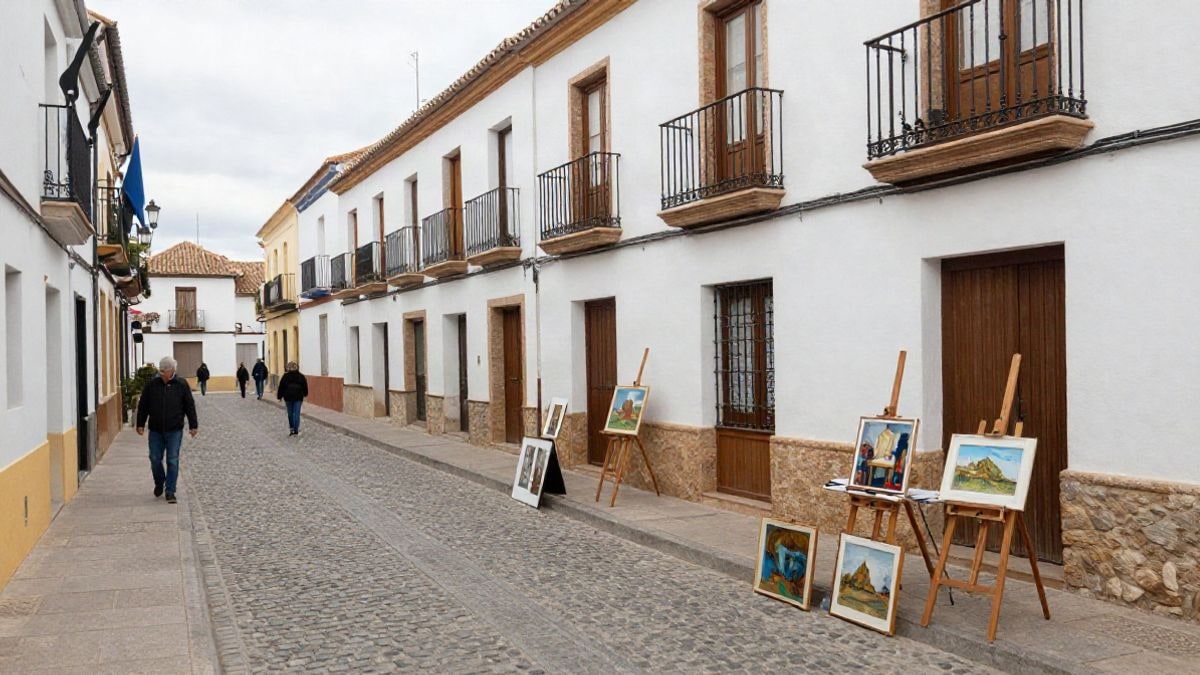 Illustrative image: a cobbled street with easels and paintings at an outdoor exhibition.