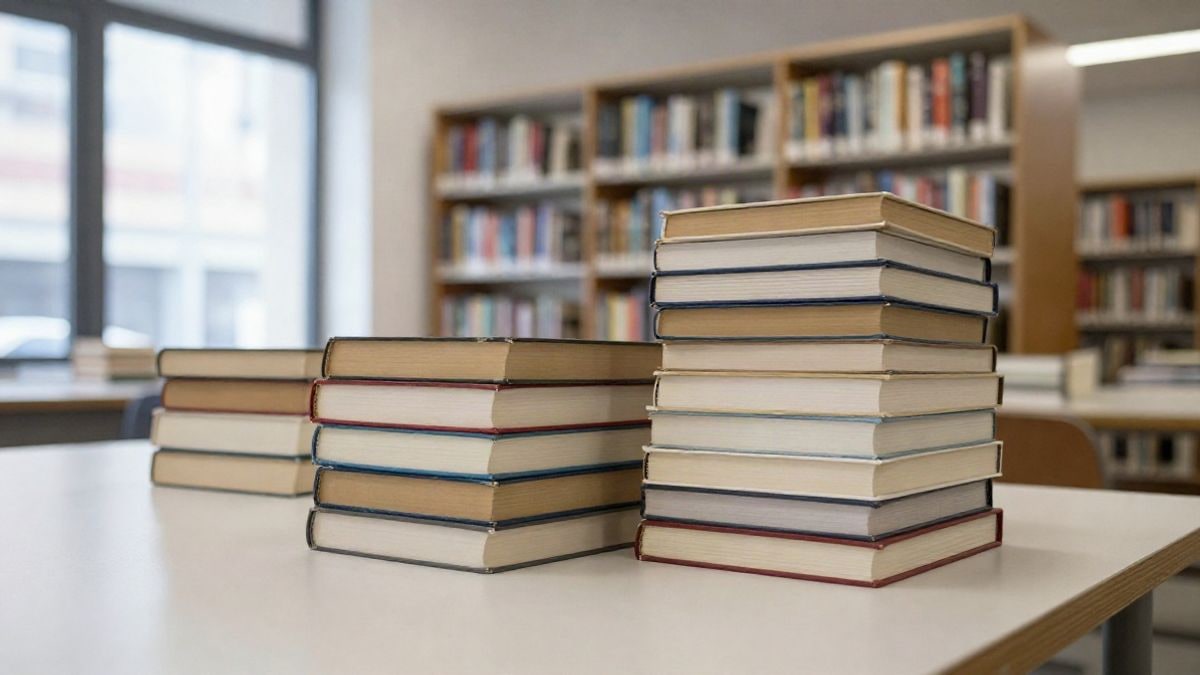 Imagen ilustrativa: una pila de libros sobre una mesa en una biblioteca luminosa, con estanterías de fondo