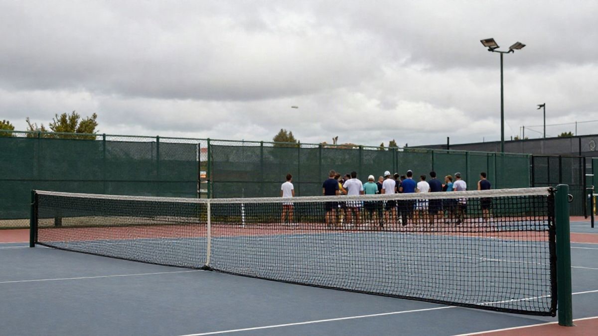 Imagen ilustrativa: pista de tenis vacía con una pelota sobre el suelo, vista lateral, con cielo nublado