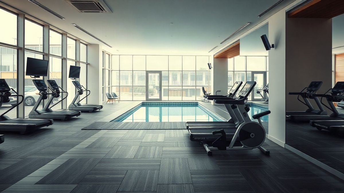 Imagen ilustrativa: interior de un gimnasio con máquinas modernas y piscina al fondo, sin personas.