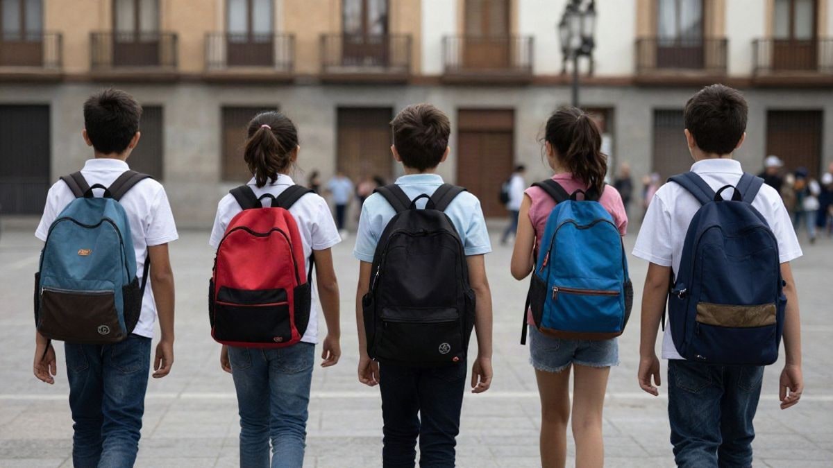 Imagen ilustrativa: grupo de escolares de espaldas en una plaza pública española