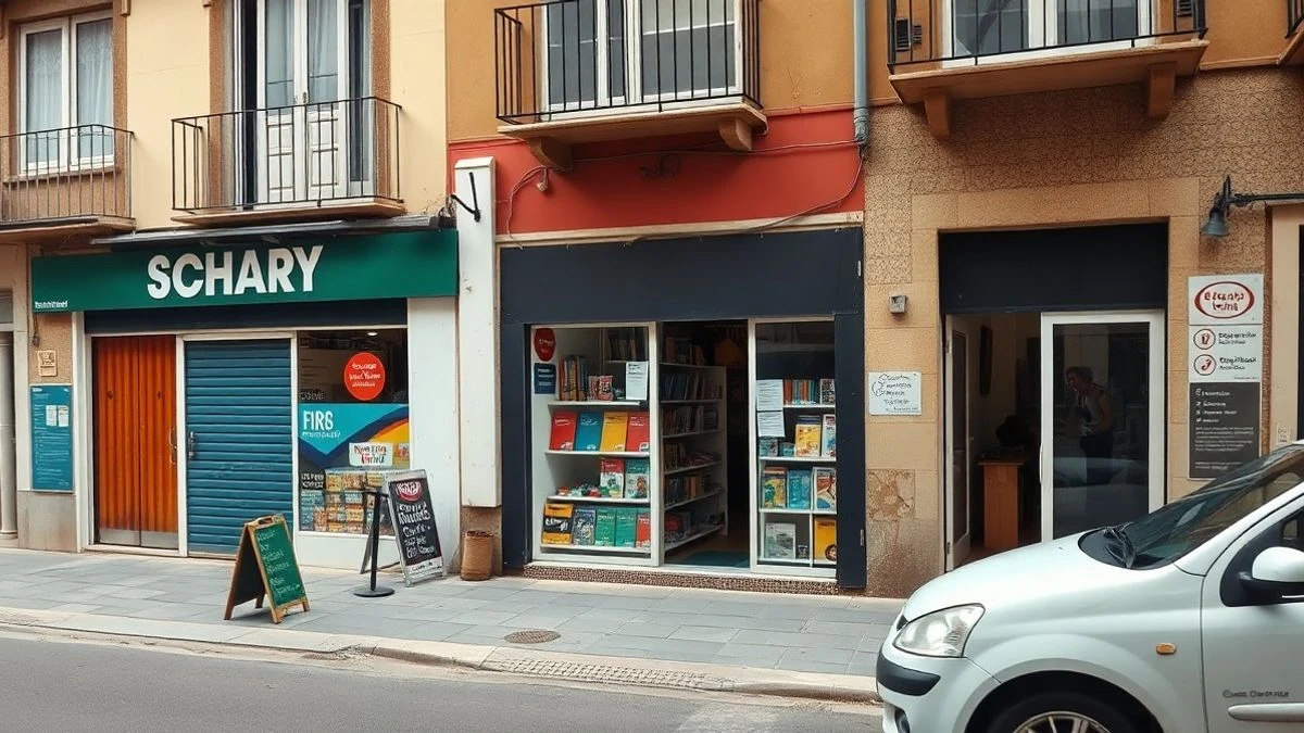 Imagen ilustrativa: escaparate de una papelería con material escolar en una calle de un pueblo español.