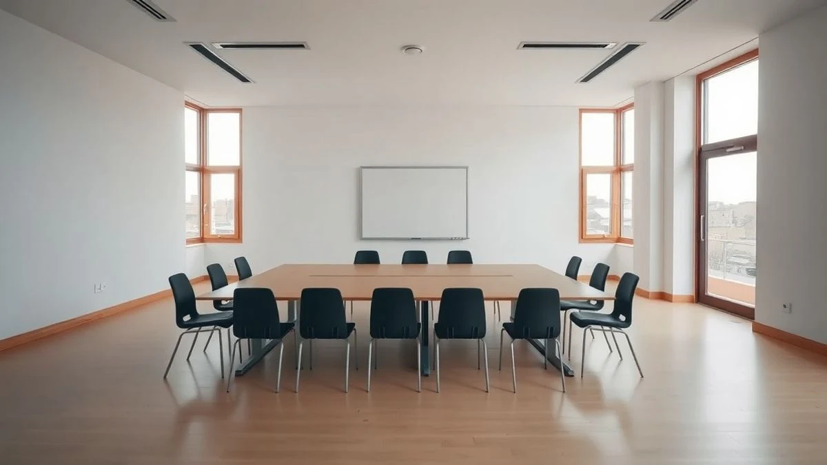 Imagen ilustrativa: sala de reuniones municipal vacía con mesa larga y sillas en círculo, iluminación diurna y pizarra en la pared.