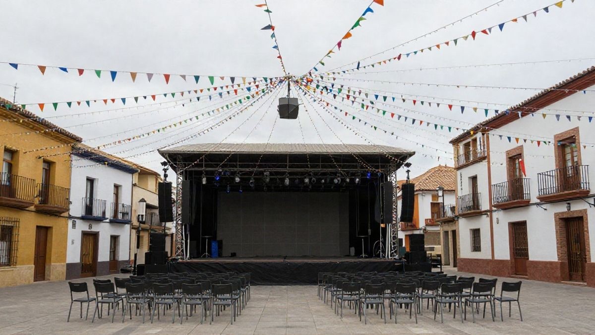 Imagen ilustrativa: plaza de un pueblo español engalanada con banderines y un escenario vacío preparado para las fiestas.