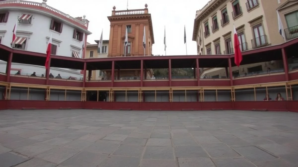 Imagen ilustrativa: plaza de toros portátil instalada en una plaza de un pueblo español, con barreras de madera y banderolas, bajo un cielo nublado.