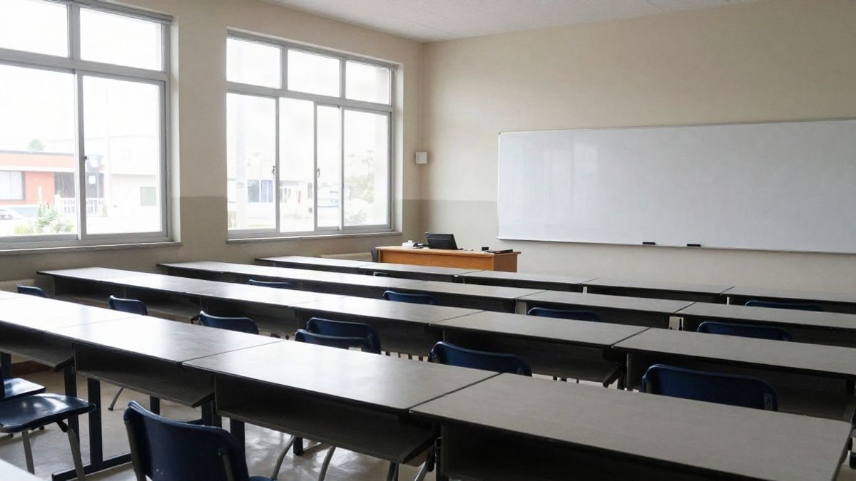 Illustrative image: training classroom with empty desks and a blackboard in the background