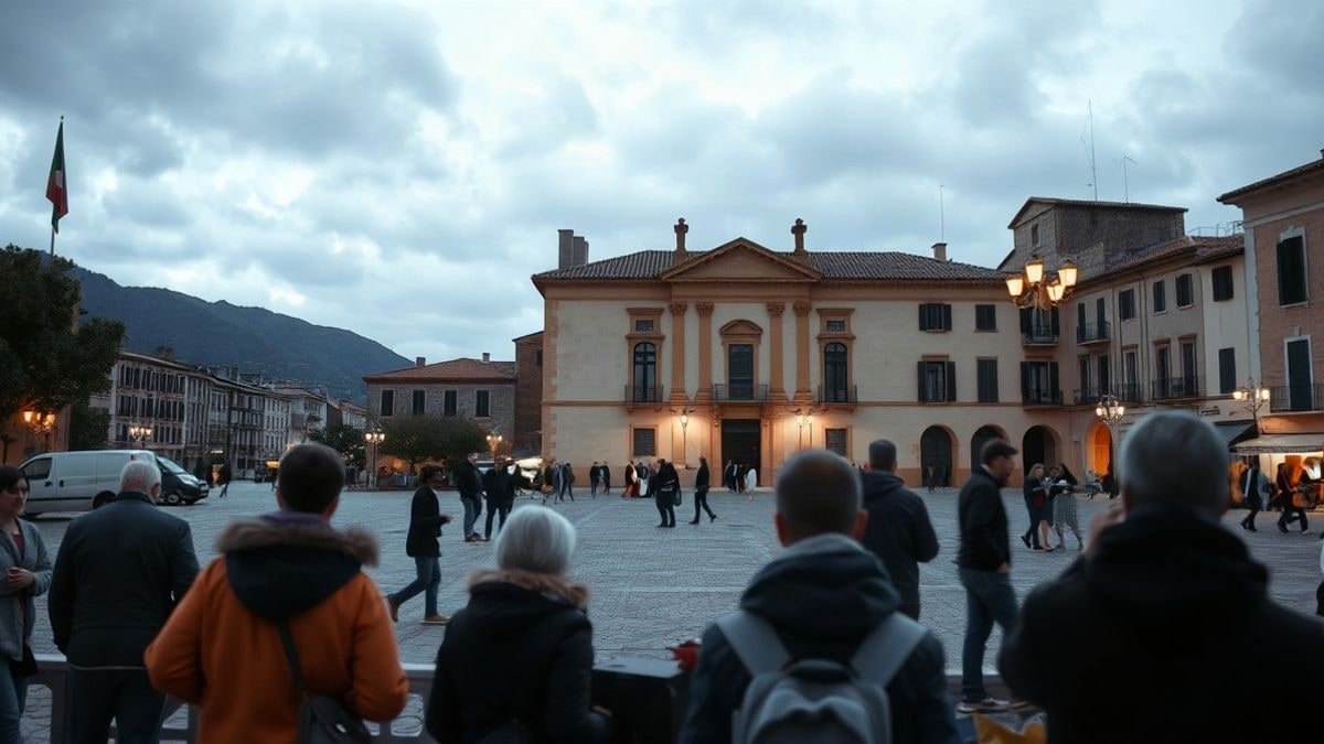 Imagen ilustrativa: una plaza española con un edificio municipal y algunas personas reunidas de espaldas al atardecer.