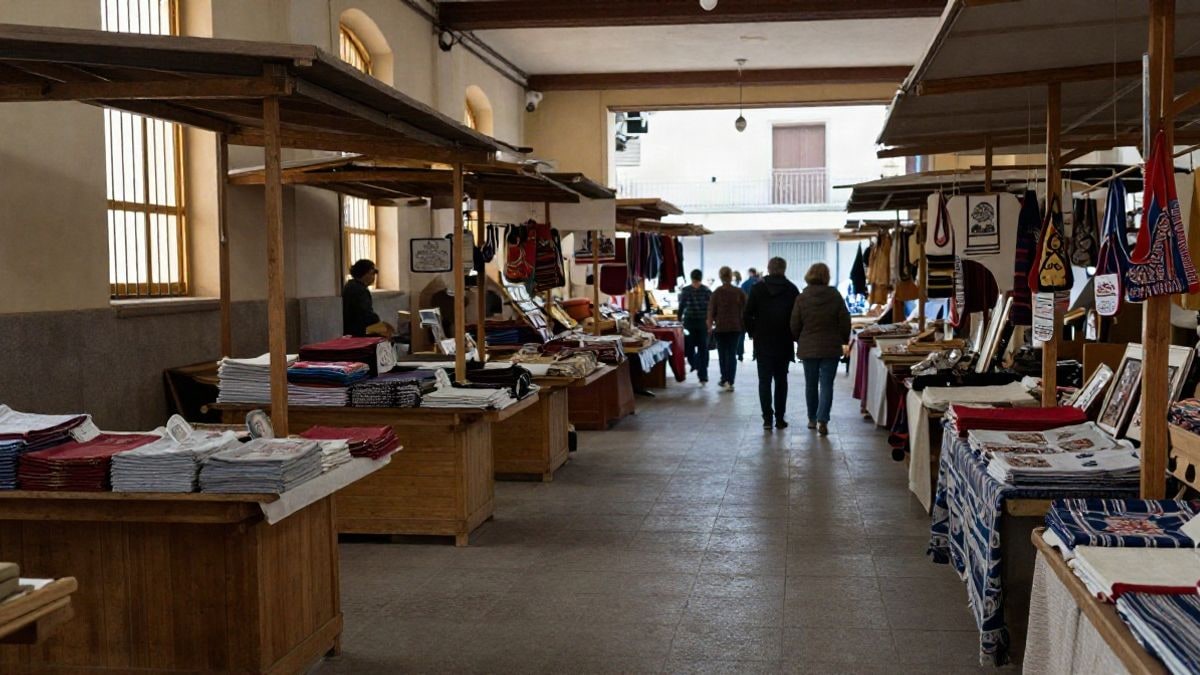 Imagen ilustrativa: puestos de un mercado municipal con textiles y artesanía sobre mesas de madera junto a una ventana