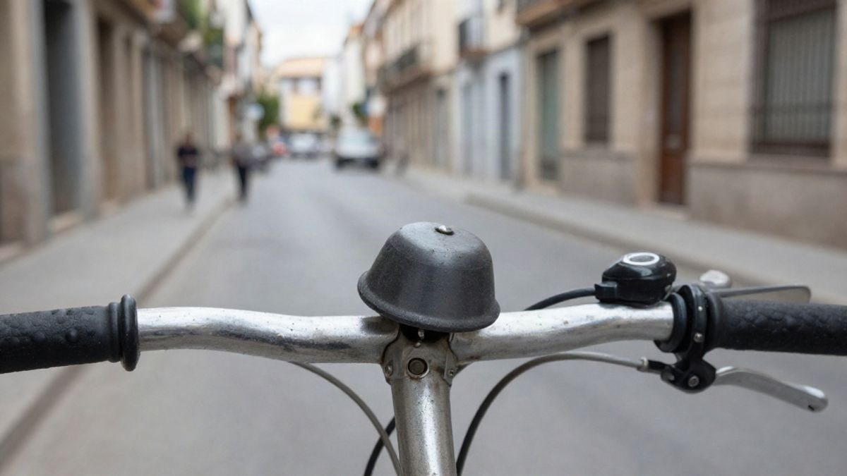 Imagen ilustrativa: primer plano de un timbre de bicicleta en el manillar, aparcada en una calle corriente