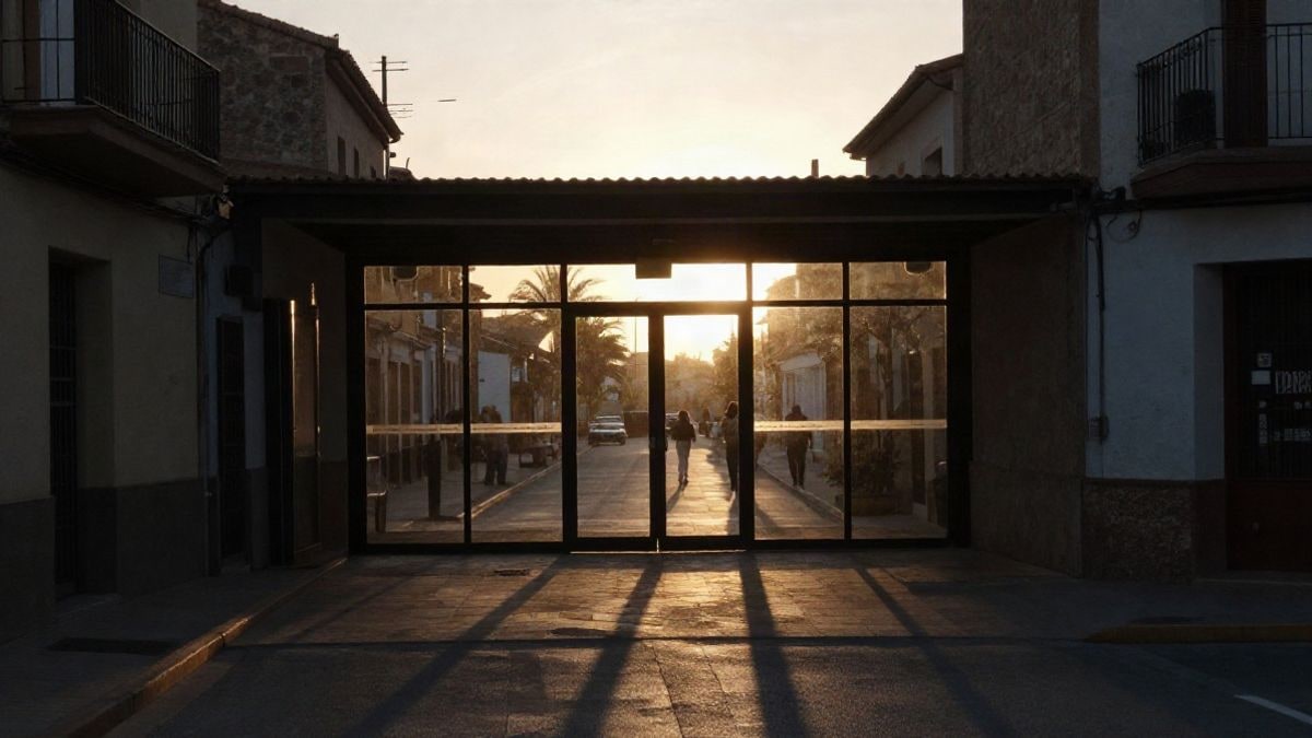 Imagen ilustrativa: entrada de un centro cultural genérico al atardecer con siluetas difuminadas