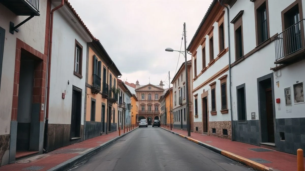 Imagen ilustrativa: una calle de un pueblo rural español con edificios bajos y un edificio municipal al fondo, sin personas.