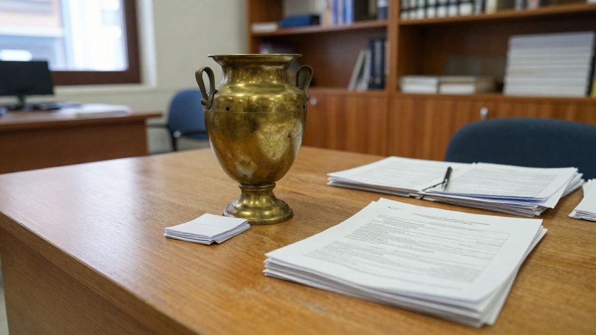 Illustrative image: a brass ballot box and folded ballots on a wooden table in a municipal office.