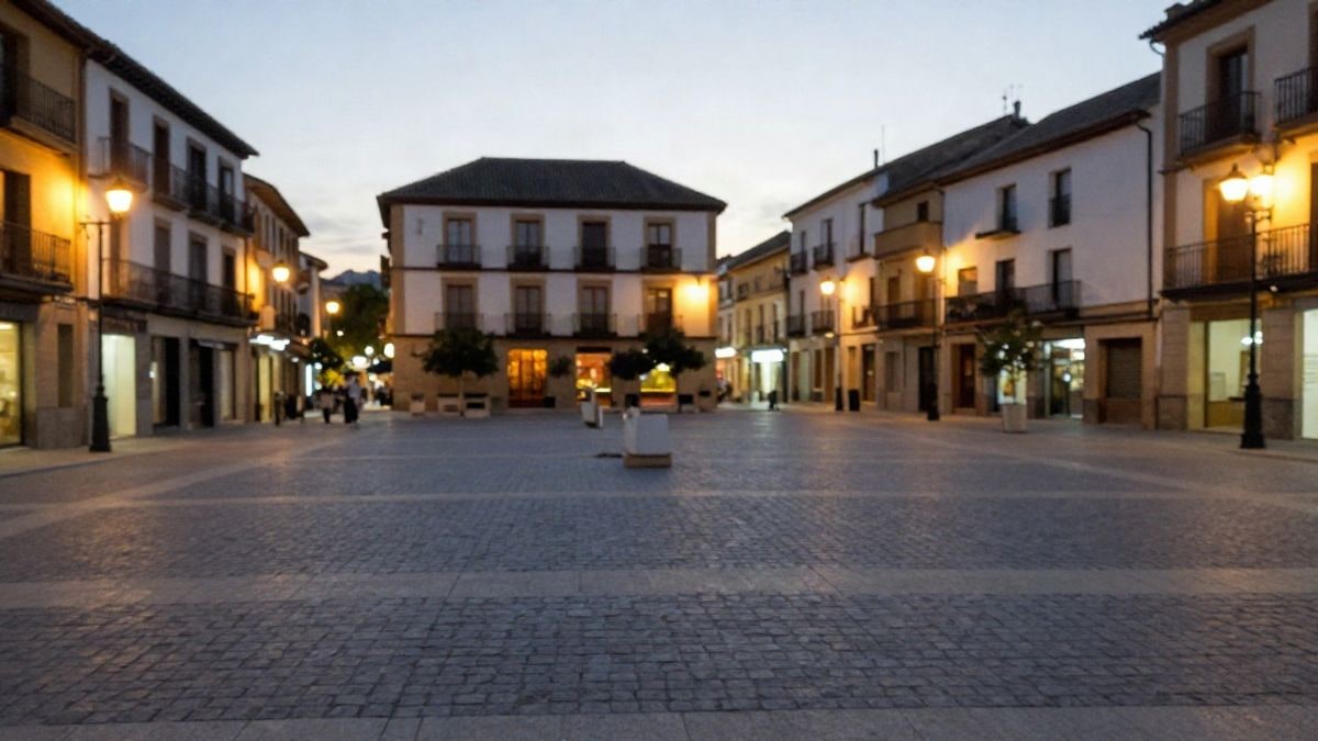 Imagen ilustrativa: una plaza española con farolas encendidas y un grupo de personas de espaldas
