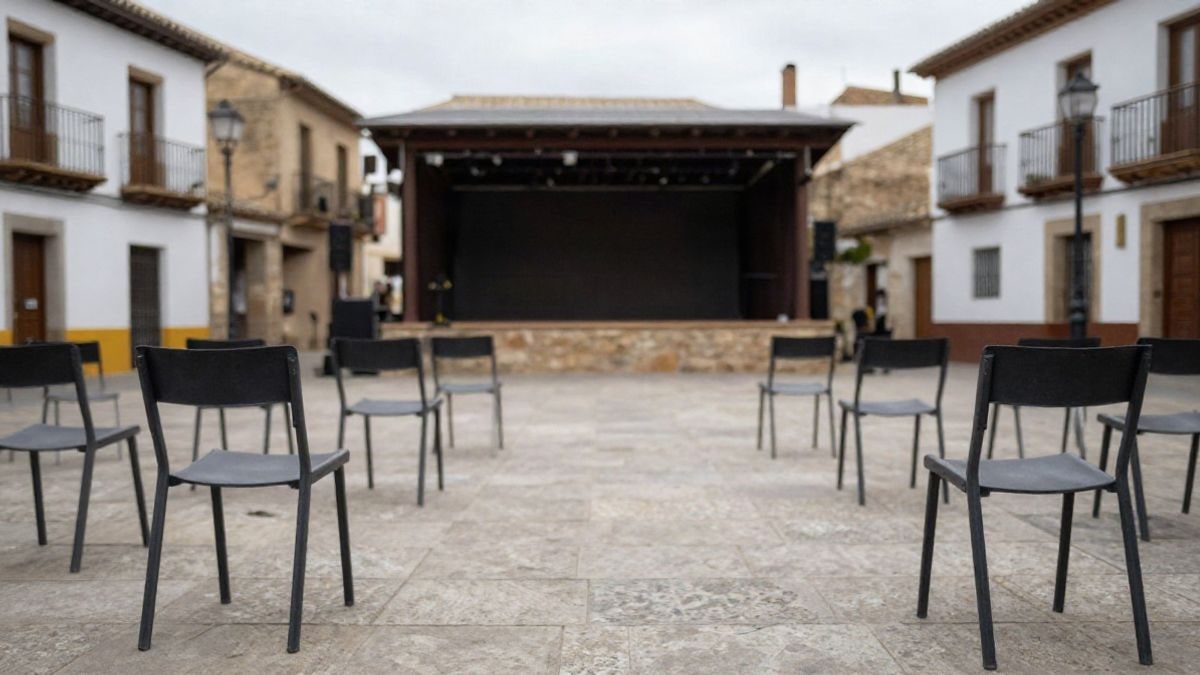 Imagen ilustrativa: plaza empedrada de un pueblo español con sillas y un escenario sencillo para un evento cultural