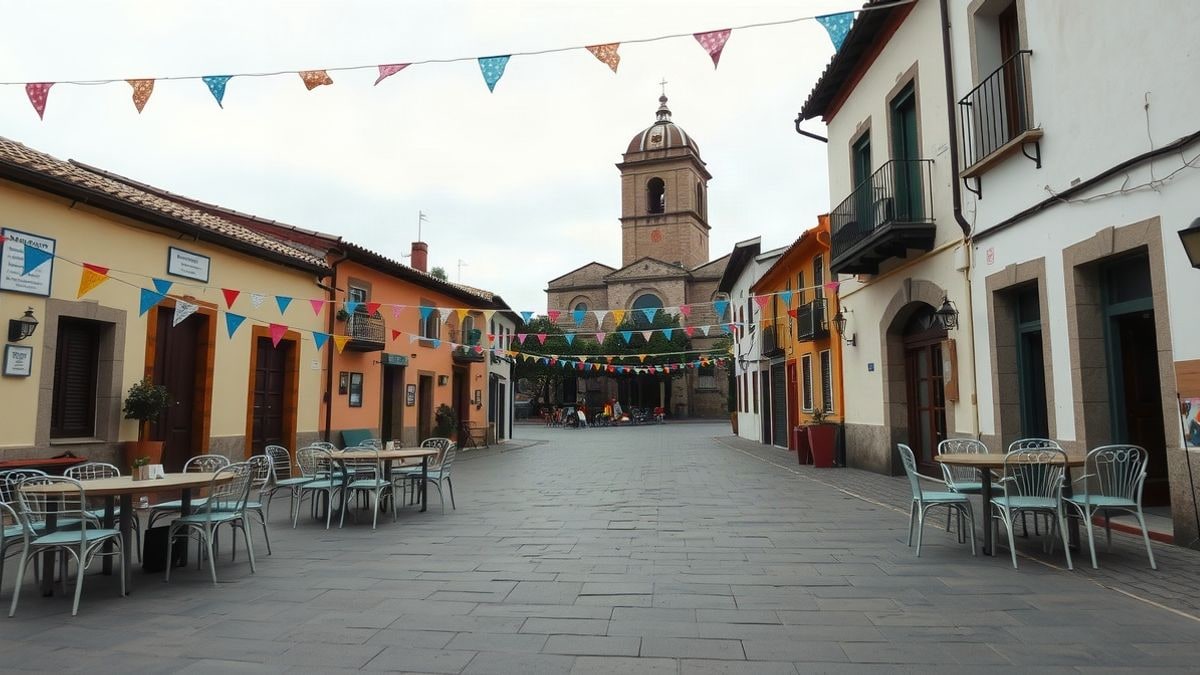 Imagen ilustrativa: una plaza de pueblo español engalanada con guirnaldas y luces, con sillas y mesas vacías para un evento al aire libre.