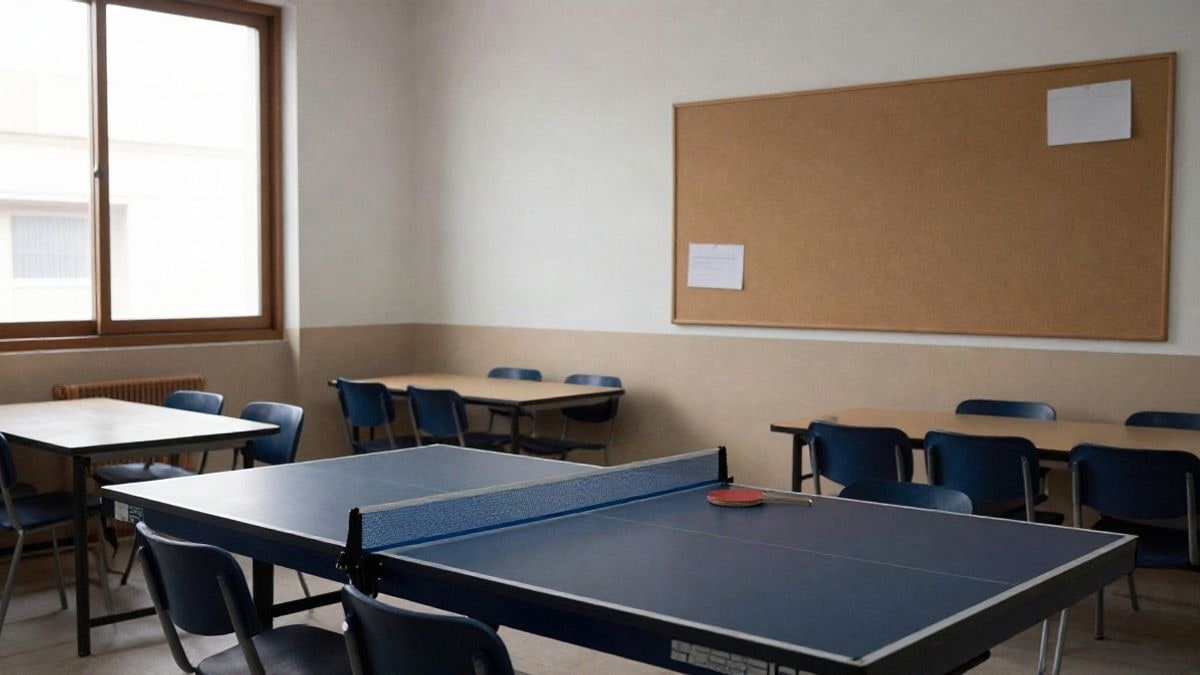 Illustrative image: interior of a youth centre with tables, a bulletin board, and a table tennis paddle on a table