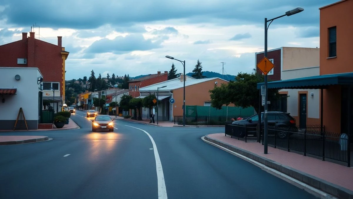 Imagen ilustrativa: calle con nuevas farolas en la mediana y aceras, con edificios y coches aparcados, en un día nublado.