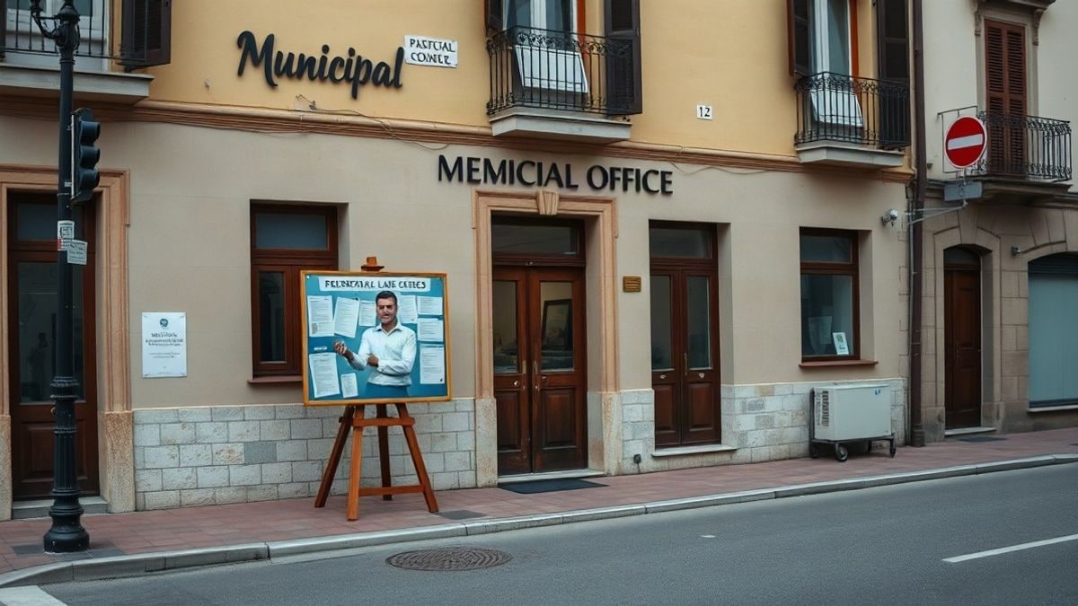 Imagen ilustrativa: fachada de un edificio municipal con un tablón de anuncios en la calle, en un día nublado