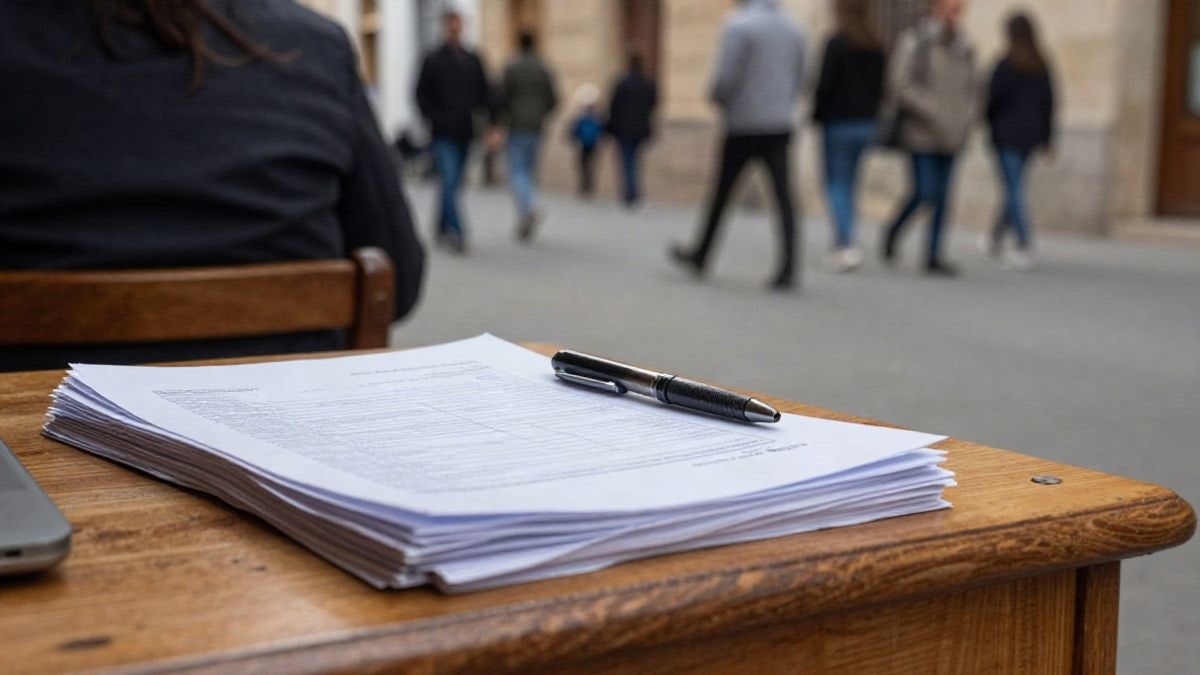 Imagen ilustrativa: detalle de una mesa de despacho con documentos y un bolígrafo en un entorno institucional genérico