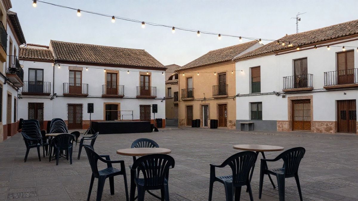Imagen ilustrativa: plaza de un municipio español con sillas y mesas preparadas para una celebración vecinal