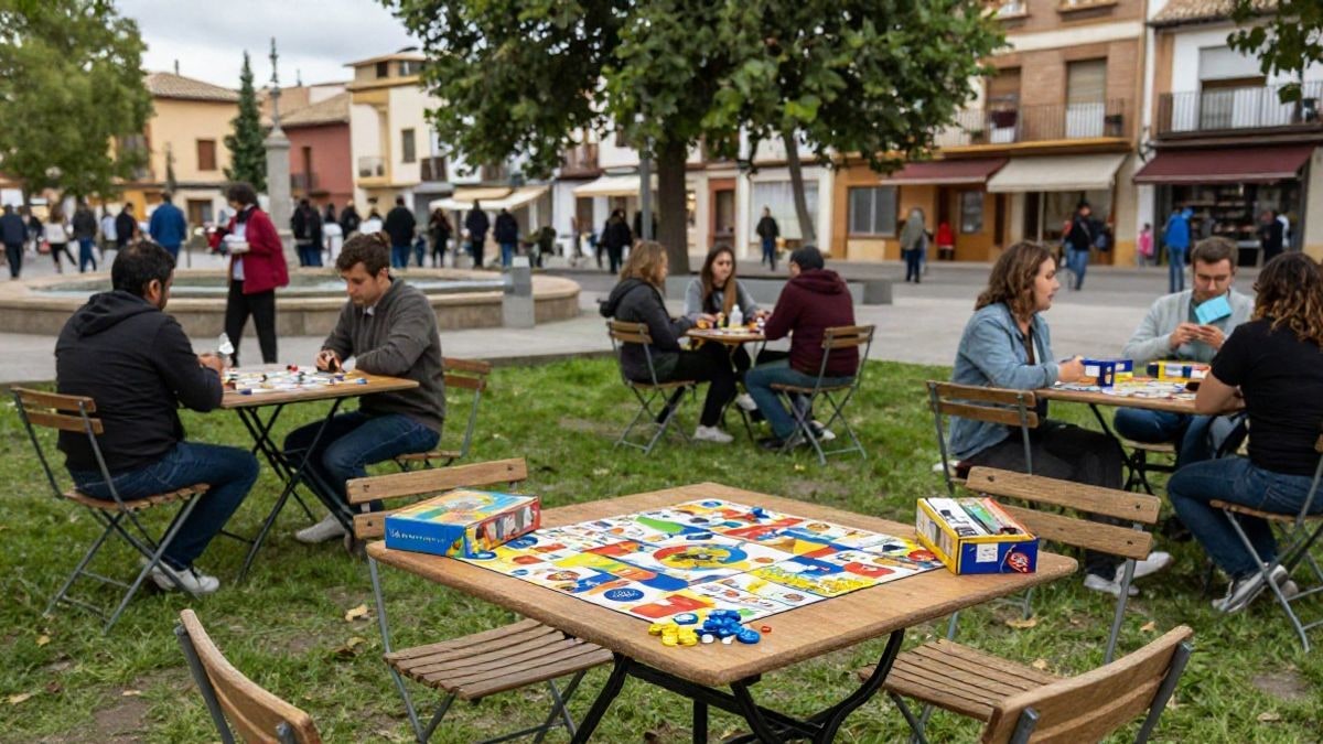 Imagen ilustrativa: mesas y sillas preparadas al aire libre en un parque para un encuentro de juegos de mesa