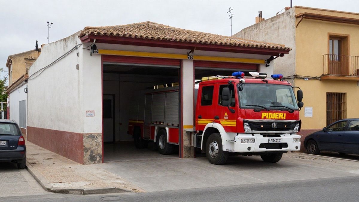 Imagen ilustrativa: parque de bomberos genérico con un camión de bomberos frente a la puerta, en un día nublado.