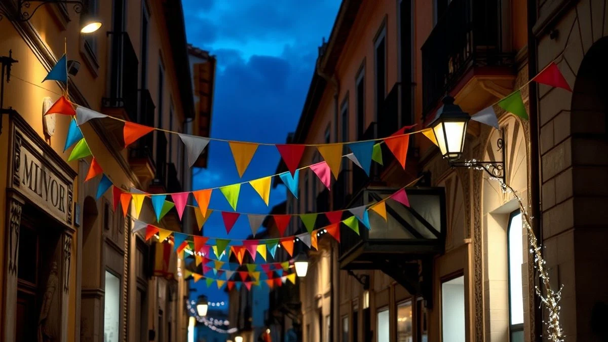 Imagen ilustrativa: calle de un pueblo español engalanada con banderines y luces durante unas fiestas patronales