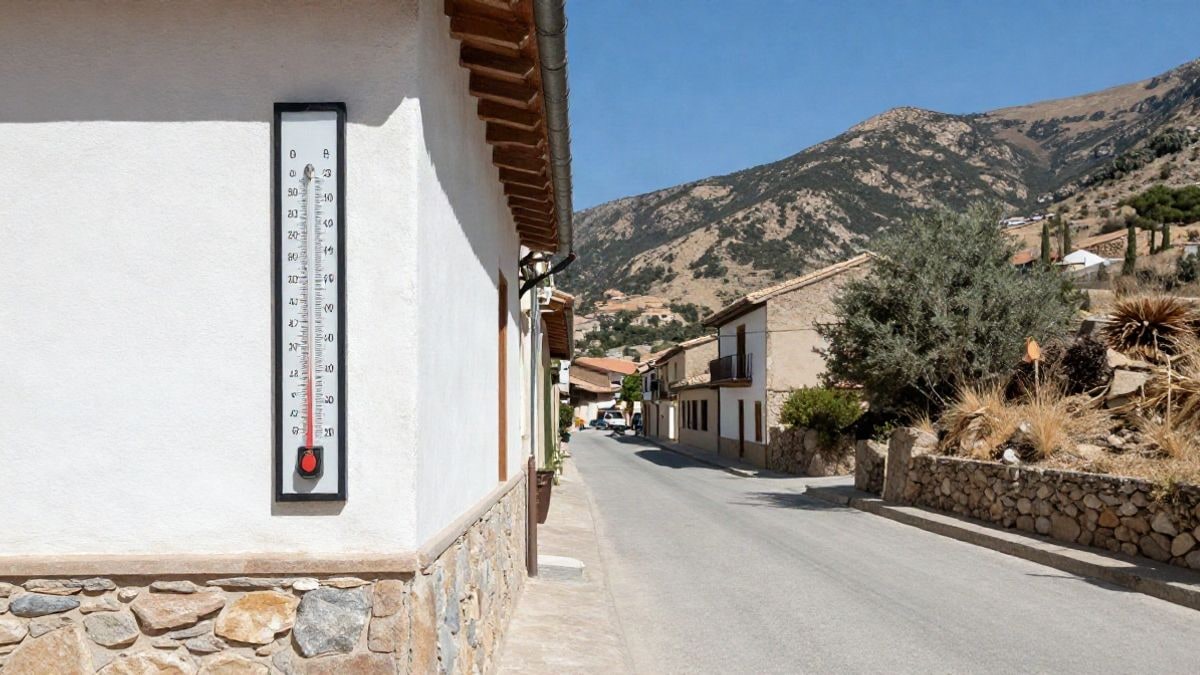 Imagen ilustrativa: calle de un pueblo de la Sierra de Madrid con un termómetro en la fachada bajo un cielo despejado.