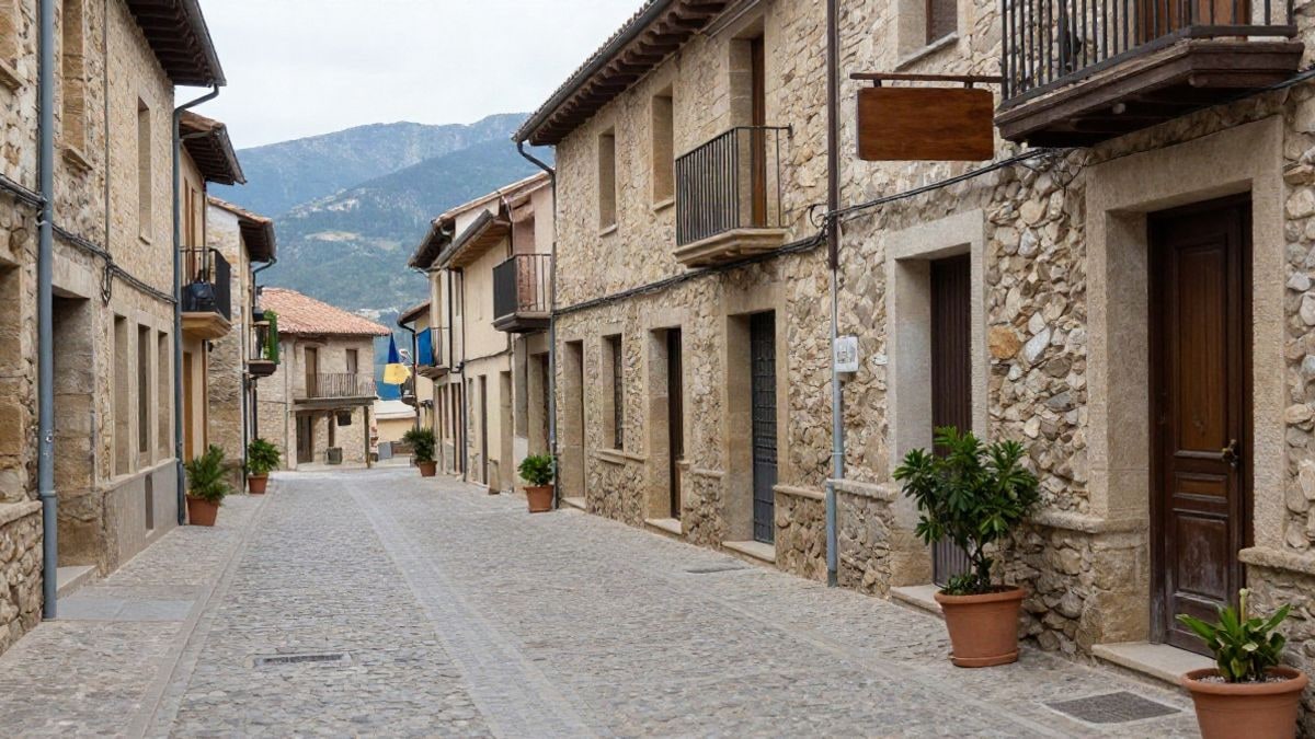 Imagen ilustrativa: calle empedrada de un pueblo español con edificios de piedra y montañas al fondo