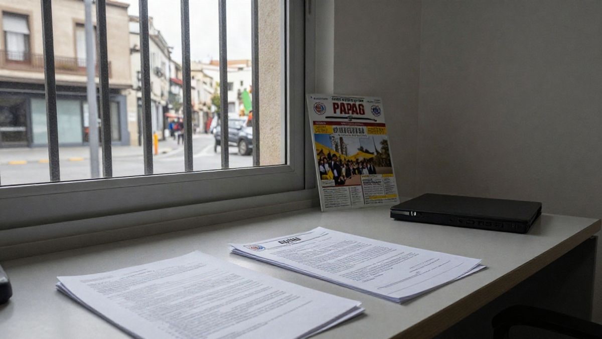 Illustrative image: municipal office desk with official documents and a bulletin, side light from a window