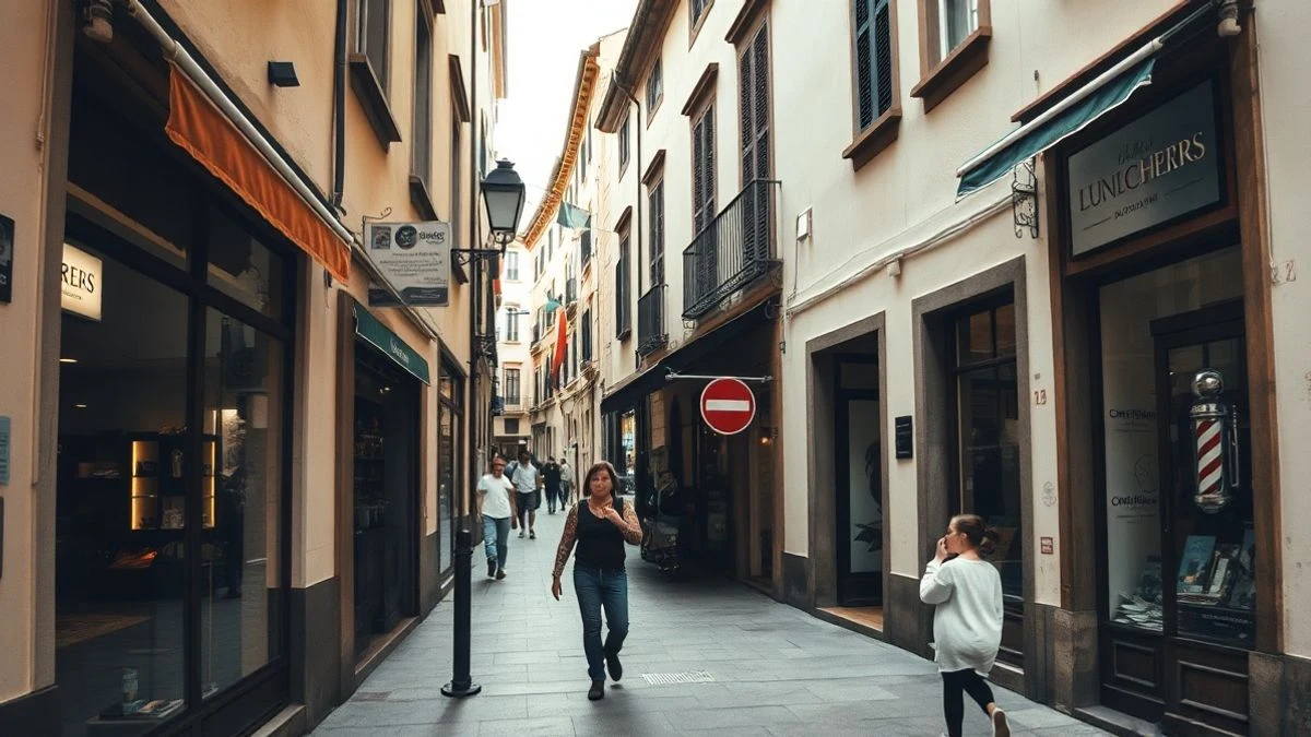 Imagen ilustrativa: calle comercial con pequeños establecimientos y toldos, con algunos viandantes de espaldas.