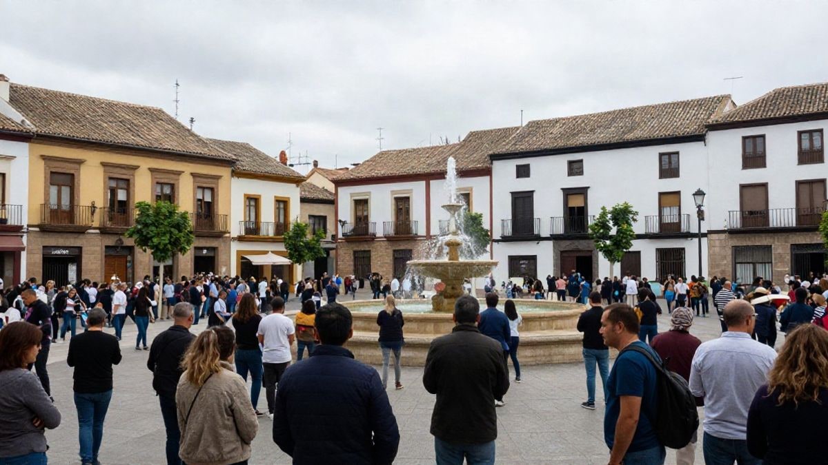 Illustrative image: a crowded square filled with people holding Spanish flags, viewed from the side, with no recognizable faces.